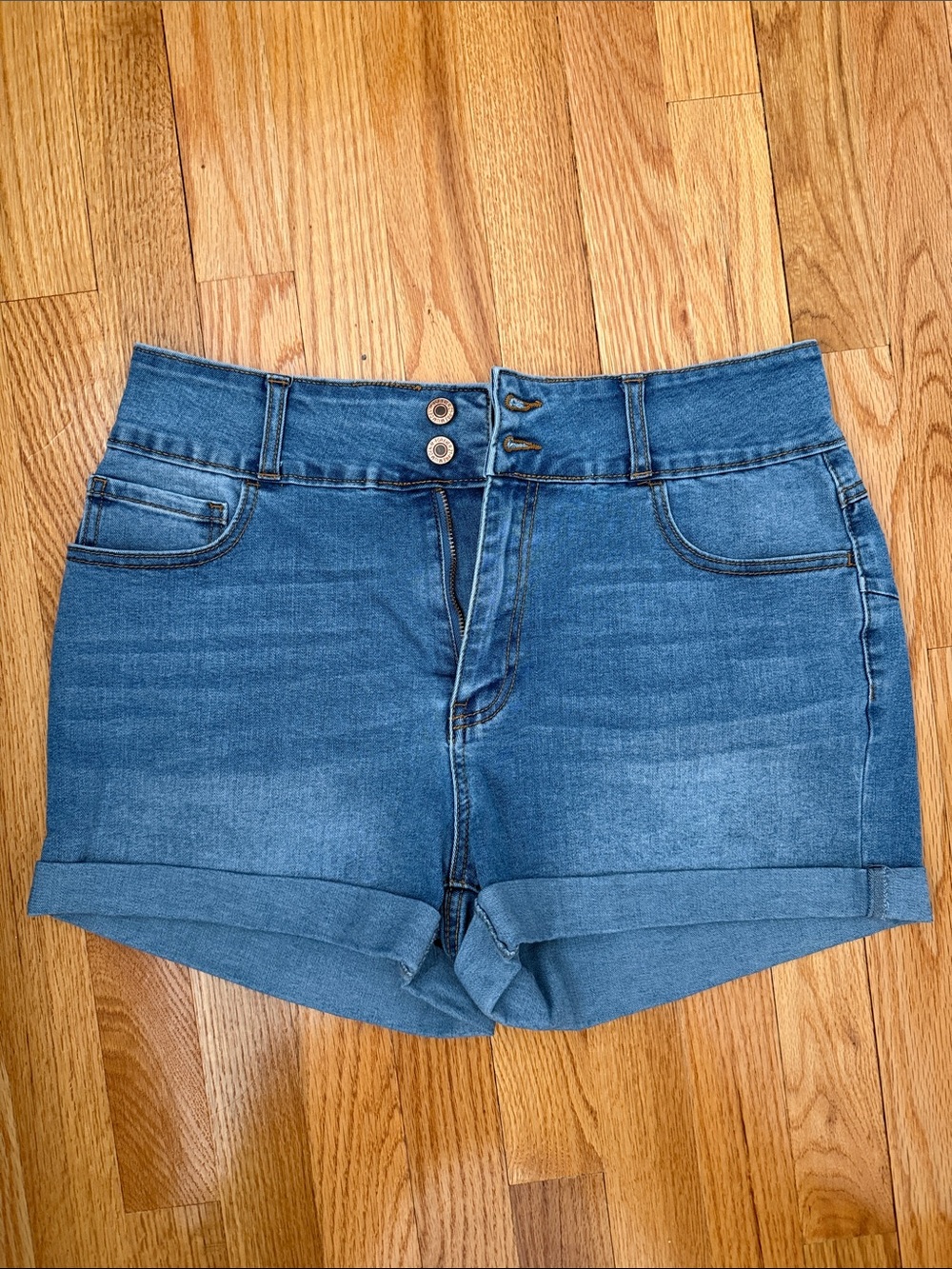 Forever 21 Medium Blue High-Rise Cuffed Denim Shorts